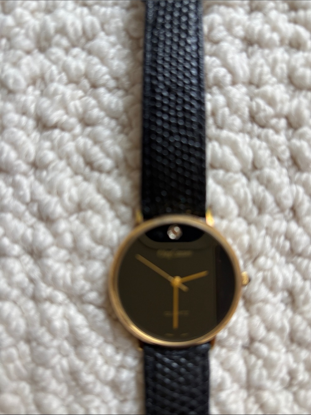 Vintage Oleg Cassini Black Dial Gold-Tone Case Watch with Black Leather Strap